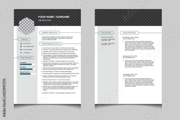 Fototapeta Double sided CV template. Classy employment interview minimalist sample simple applications resume creative vector illustration design. professional corporate company job modern cover curriculumvitae