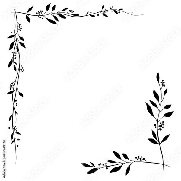 Fototapeta Black elegant floral corners from two branches with leaves and berries. Logo element for laurel wreaths. Hand drawn wedding grass line with leaves for invitation, save date card