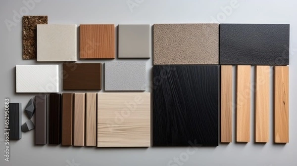 Obraz samples of interior material consists concrete tile, wooden laminated or veneer, artificial stones, green fabric for drapery, wooden vinyl flooring. interior selected material for mood and tone board.