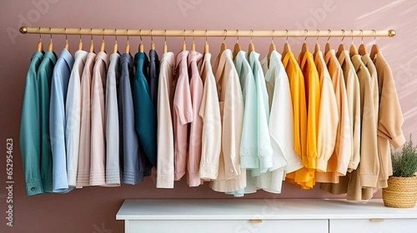 Fototapeta Fashion stylish luxury clothes display. Image and stylish services, selection of colors, types. Capsule spring wardrobe