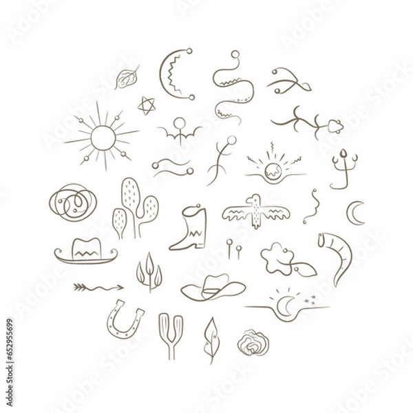 Obraz Round shape frame with wild west vector illustrations, icons. Simple western ornament