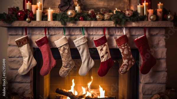 Fototapeta сhristmas interior. stockings hang on a fireplace mantel	

