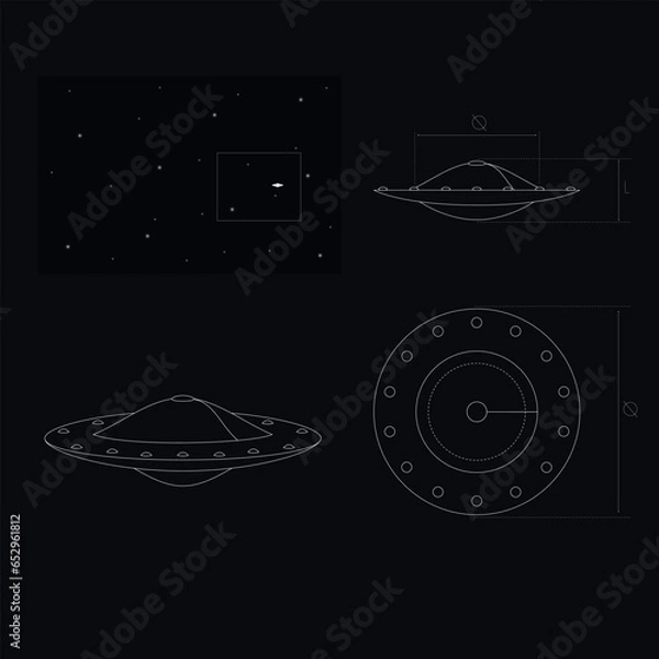 Obraz drawing of a UFO dark background. black and white
