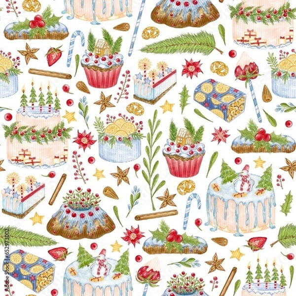 Fototapeta Christmas seamless pattern with holiday pastry, cakes, cookies, muffins