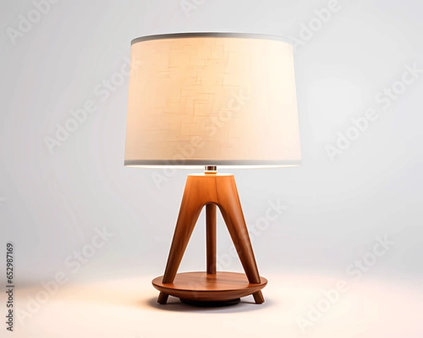 Fototapeta Mid century table lamp isolated on a white background. vintage wooden lamp with white shade. retro 1950s decor. 