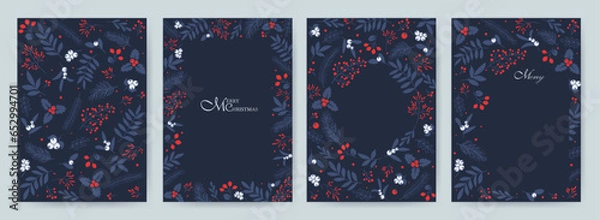 Obraz Vertical holiday cards in blue tones. Merry Christmas, holiday templates with ornate Christmas ornament, floral background. Suitable for fabric, cards, invitations, background, menu.