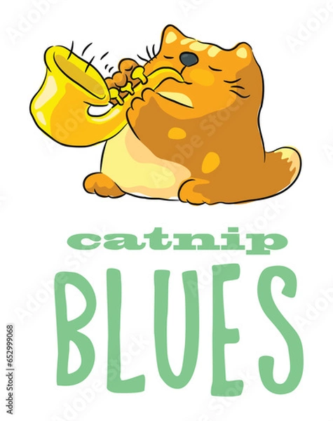 Fototapeta Cute cat playing catnip blues on saxophone 