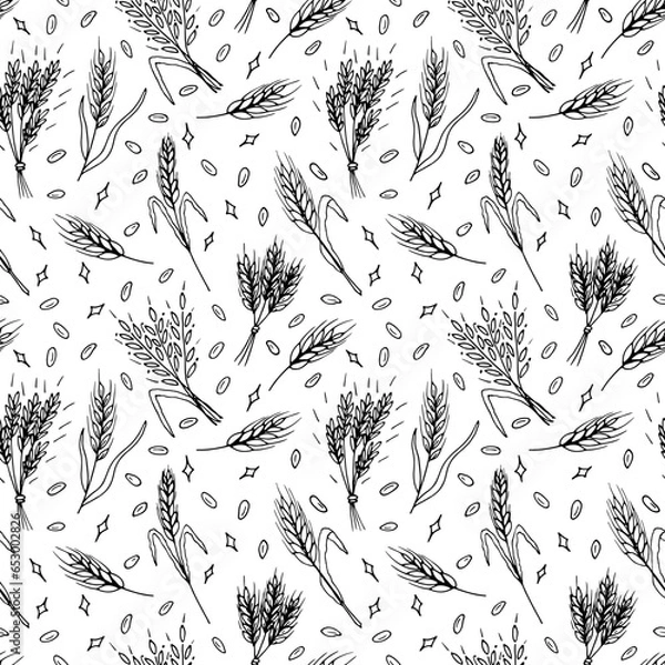 Obraz Seamless pattern with hand drawn spikelets of wheat in sketch. Grain ears. Rye, barley, wheat