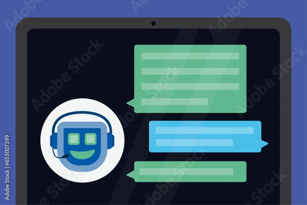 Fototapeta Chat bot conversation on device. Chatbot assistant character communicating with user online.  Artificial intelligence customer support illustration concept.