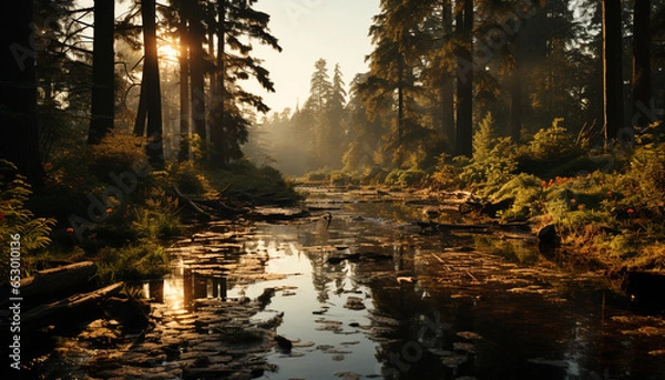 Fototapeta Tranquil scene: Autumn forest reflects beauty in nature tranquil waters generated by AI