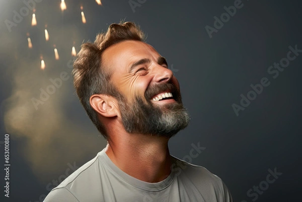 Obraz young handsome man smiling wearing casual clothes happy smiling looking up and to the side against a green background. copy space.