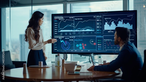 Obraz The concept of data-driven decision-making in the corporate world by photographing a diverse group of professionals in a boardroom, gathered around a high-tech AI analytics dashboard