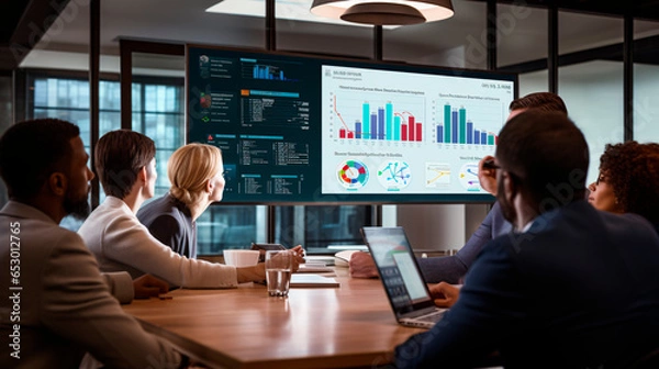 Obraz The concept of data-driven decision-making in the corporate world by photographing a diverse group of professionals in a boardroom, gathered around a high-tech AI analytics dashboard