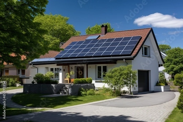 Fototapeta Experience the future of sustainable living with this visual of a modern home, roof adorned with efficient solar panels, harnessing the sun's energy. In the driveway, an electric car charges