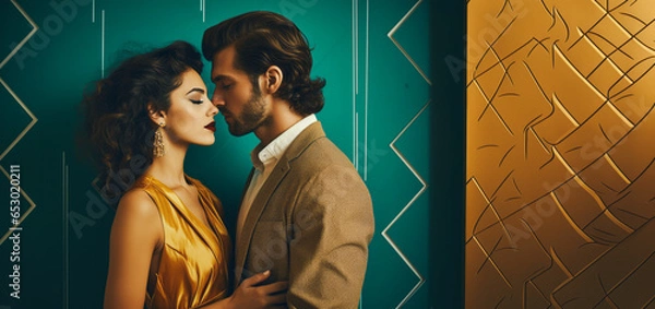 Obraz Loving couple elegantly dressed in seventies style, embracing and kissing in front of a minimal background with copy space. Creative vintage vibe of love from better times. Generative AI.