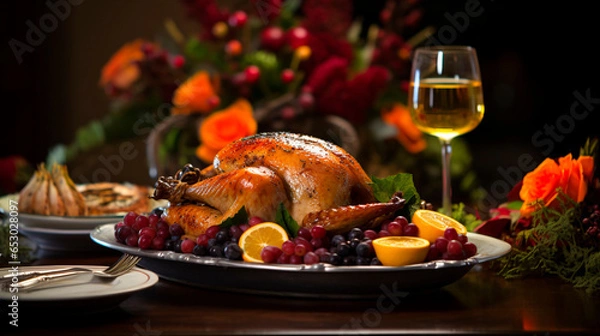 Fototapeta Capture the warmth and tradition of a Thanksgiving feast, focusing on a beautifully set dining table adorned with a bountiful harvest of seasonal fruits, vegetables, and a succulent turkey