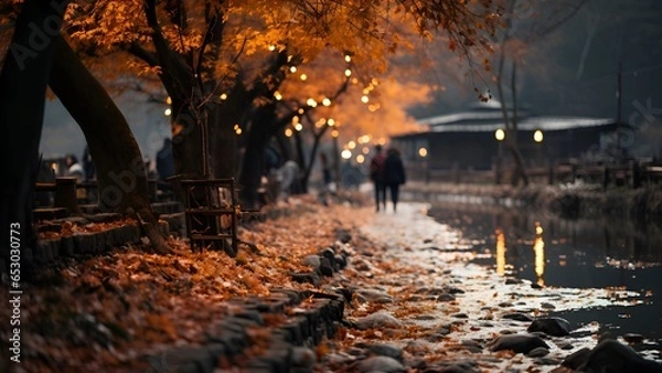 Obraz People Walking Down A Street During Fall With The Leaves Falling