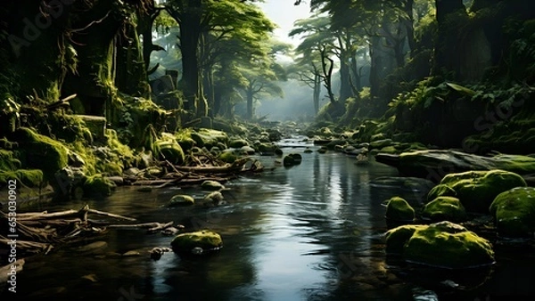 Fototapeta A River Running Through A Lush Forest