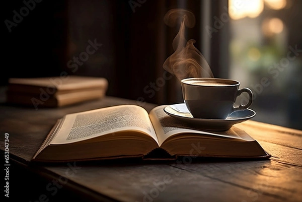 Fototapeta cup of coffee and books, Philosophical Serenity: Books, Coffee, and Contemplation on World Philosophy Day.