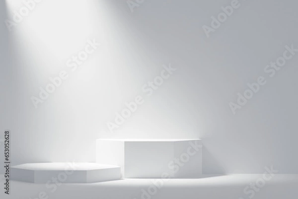 Fototapeta Exhibition Podium, stand, on pastel light аrchitectural background for premium product, 3D render. 