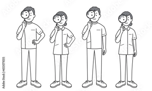 Fototapeta 虫眼鏡を持つ看護師男女