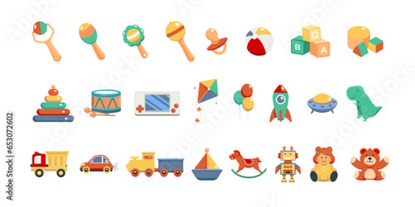 Fototapeta Set baby toys elements on isolated background, Vector illustration.