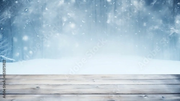 Obraz snow background light floor cold empty blue wooden space white table
