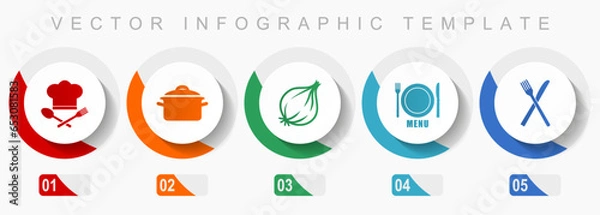 Fototapeta Food icon set, miscellaneous icons such as chef hat, pot, onion, menu and cutlery, flat design vector infographic template, web buttons in 5 color options