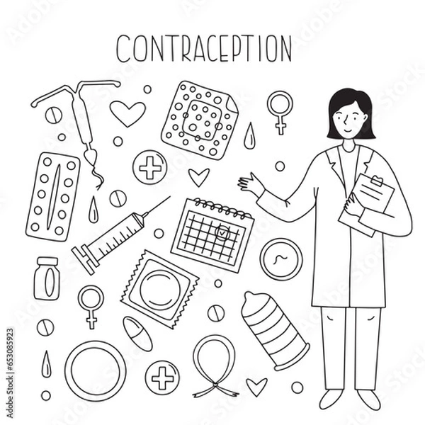 Fototapeta Contraception lineart design, hand drawn sketch set of medical objects with titles, health care and educational concept, vector illustration on white background