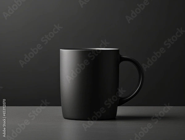 Fototapeta black blank cup or mug mockup on a black surface. Generative Ai