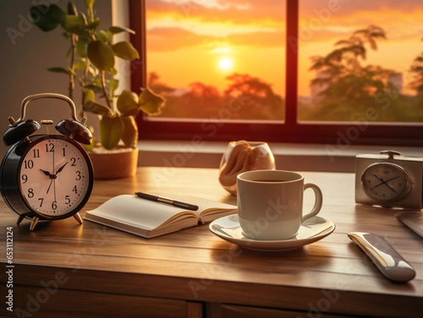 Fototapeta Telework desk at home office in the morning with mug, laptop, phone, clock, and pens. Generative Ai