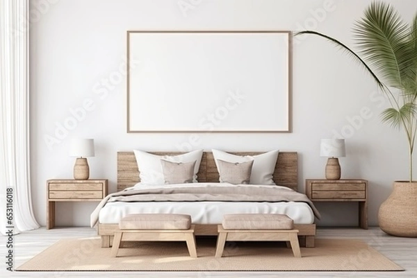 Obraz Bedroom interior background with rattan furniture and empty frames