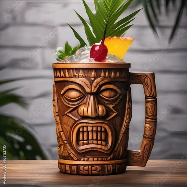 Fototapeta A tropical tiki cocktail served in a carved wooden mug with a flaming garnish2