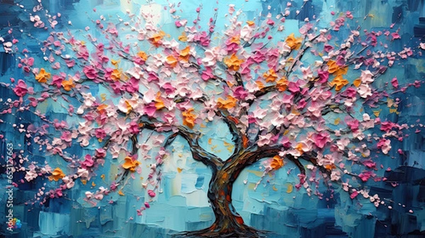 Fototapeta painting of a single cherry tree, in full bloom, the fresh spring earth blends into the sky in the background, large canvas wall art, living room wall décor artwork, Generative AI