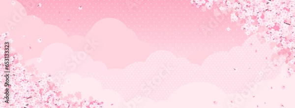 Obraz 満開の桜とピンク色の雲・空　背景素材（バナー向け横長）