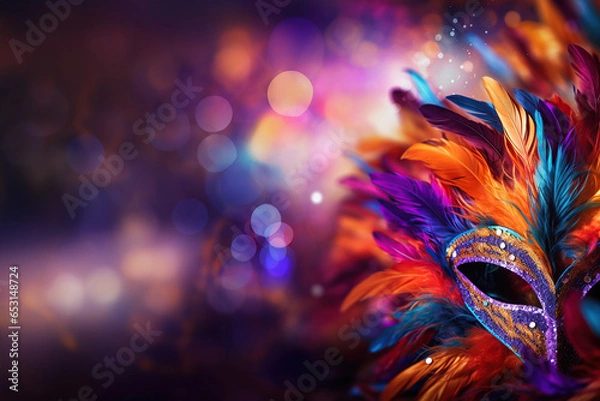 Fototapeta Colourful masquerade mask in bright colours on the blurred festive background with bokeh , party, Rio, Venice and Tenerife carnival cocnept