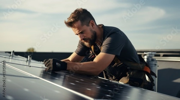 Fototapeta Technical engineer checking and installing solar panel, clean energy.