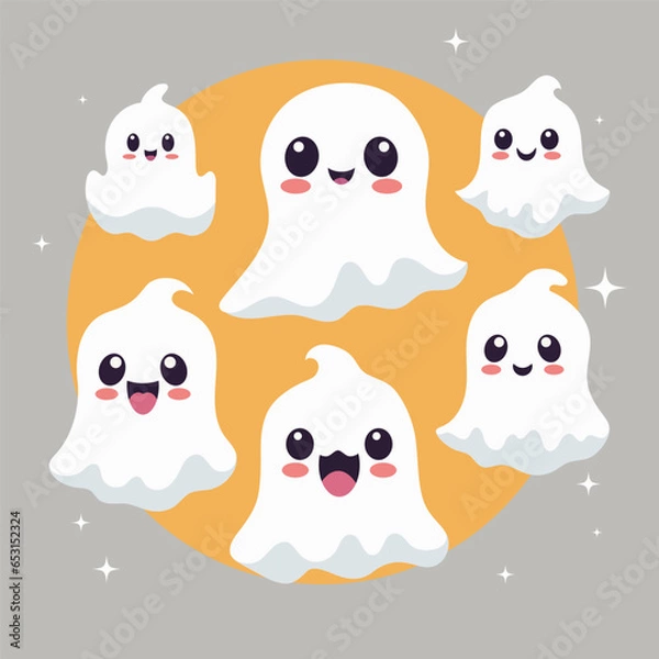 Fototapeta Seamless pattern with smiling ghosts for Halloween. Vector flat style illustration for design textile, wrapping, fabric, paper, print.