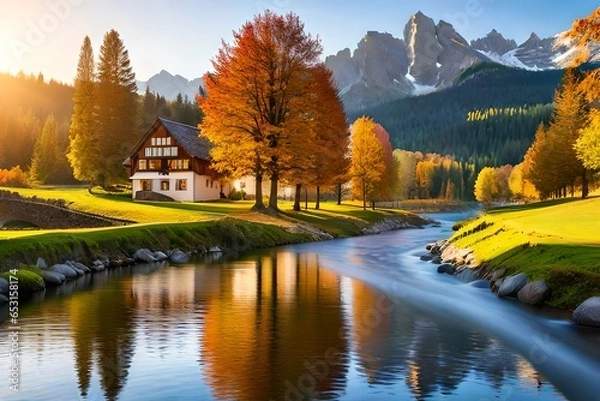 Obraz autumn landscape with lake and mountains