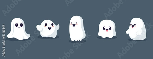 Fototapeta Set of ghosts with smiling faces for Halloween. Vector flat style illustration for design poster, banner, print.