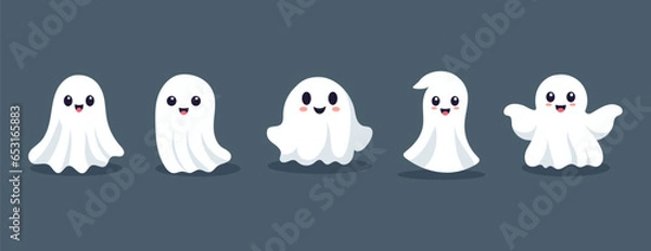 Fototapeta Set of ghosts with smiling faces for Halloween. Vector flat style illustration for design poster, banner, print.