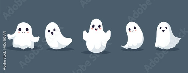 Fototapeta Set of ghosts with smiling faces for Halloween. Vector flat style illustration for design poster, banner, print.