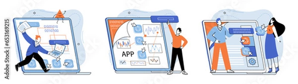 Fototapeta Application testing metaphor. Vector illustration. App test, rehearsal stage before actual performance Software testing, gatekeeper ensuring no bugs pass quality threshold Application testing