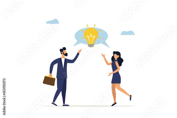 Fototapeta Effective communication for brainstorming and coming up with a solution or result concept, businessman and female colleague talking with light bulb idea. Discussion of an idea in a business discussion