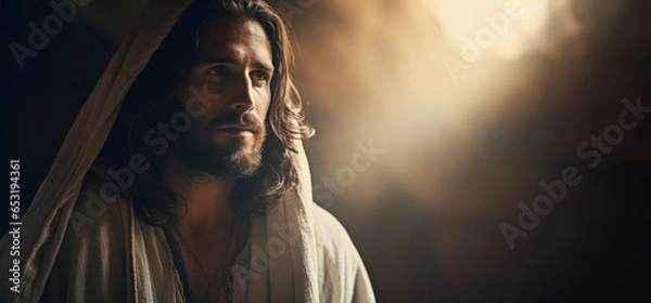 Obraz Portret Jezusa uchwycony w emocjonującej i pogodnej chwili. Ilustracja chrześcijańska.