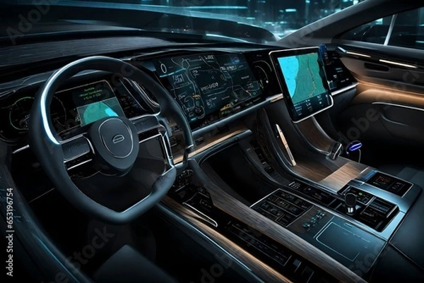 Fototapeta A high-tech car dashboard displaying real-time data and navigation.