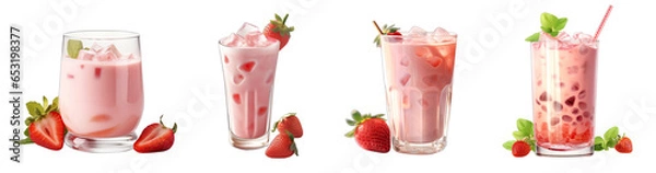 Fototapeta Strawberry milk. Sweet and refreshing. Collection. Isolated on transparent background.