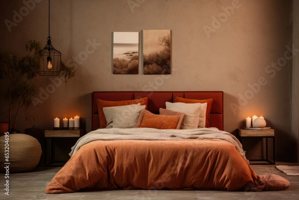 Fototapeta Experience the Serene Harmony of a Stylish and Inviting Bedroom Retreat with Rich Terracotta Colors, Cozy Textures, and Earthy Accents, Creating a Warm and Tranquil Ambiance.
