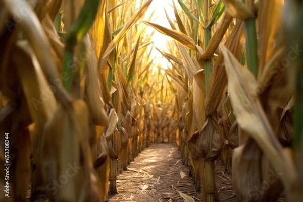 Fototapeta closeup of golden corn stalks in a rustic maze