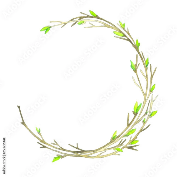 Fototapeta Watercolor spring branches on a white background. Wreath with young branches and leaves, buds on a white background.